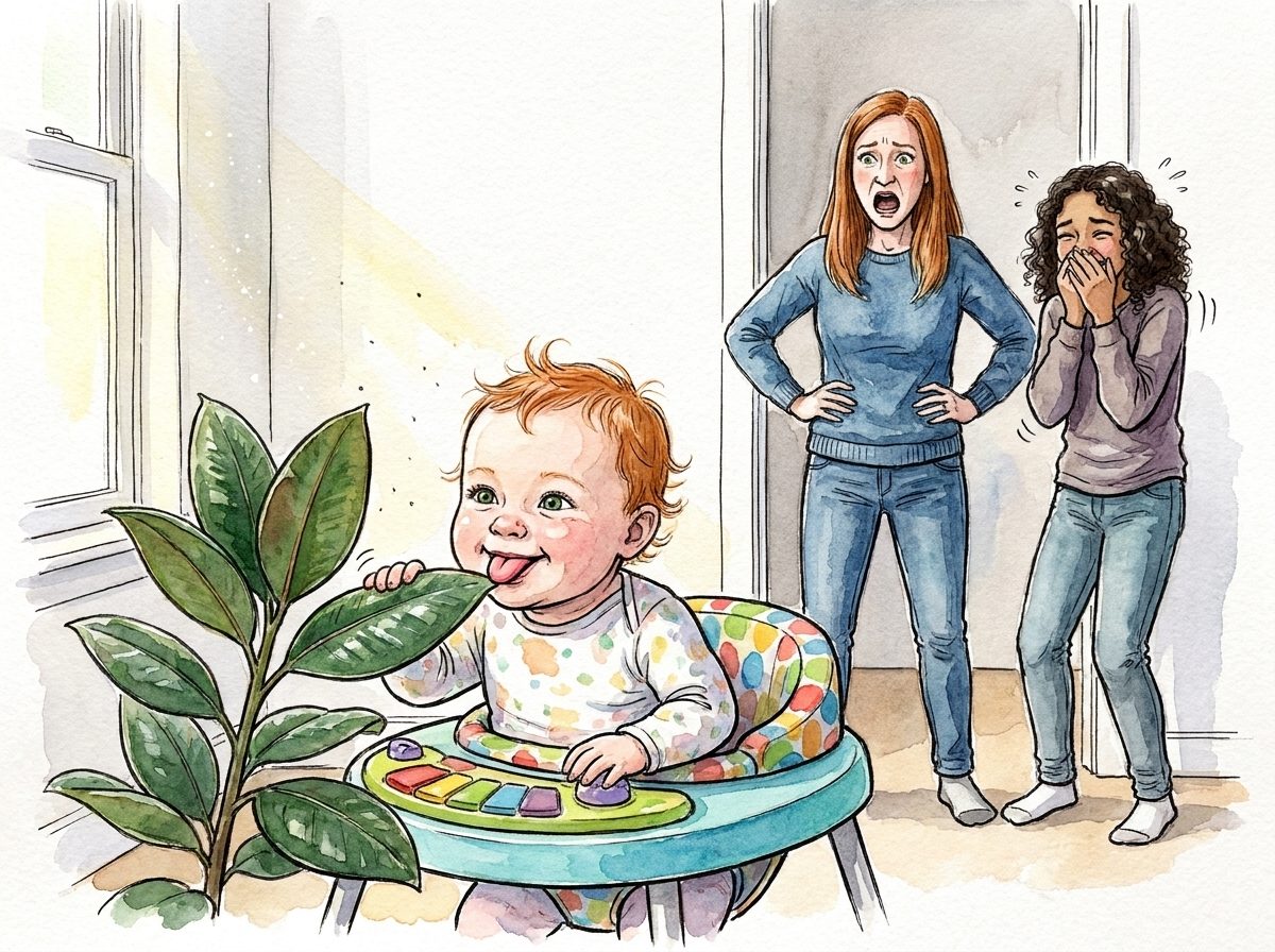 Drawing of a baby in a walker licking the leaf of a rubber plant while her mother gasps and her aunt laughs in the doorway